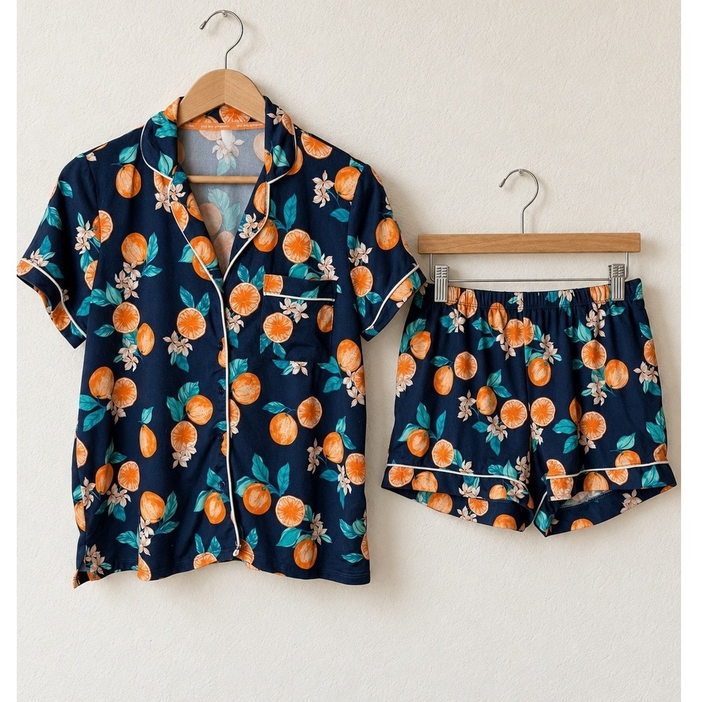 Joyspun Pajama Set Women Small Blue Orange Citrus Floral Print Short Sleepwear